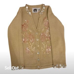 Storybook Knits Women's XS Beige Floral Embroidered Cardigan Sweater
